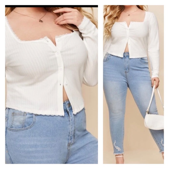 NWT|1X-3X| TCB| KEEP IT SIMPLE WHITE SCALLOPED SQUARE NECK BUTTONUP CARDIGAN|NEW - Picture 2 of 13